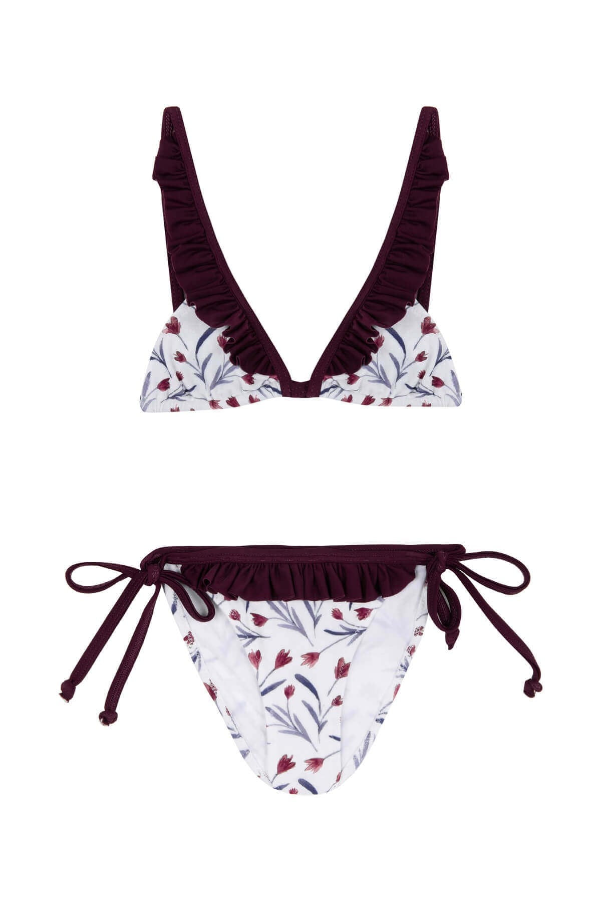 Linda - Çiçek desenli bordo fırfırlı çocuk bikini