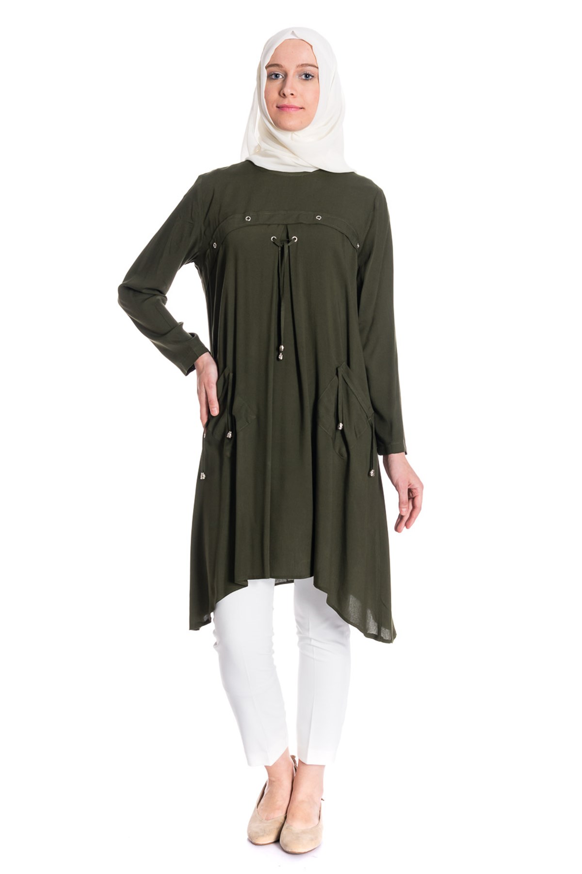 Bağcıklı Cepli Yeşil Tunik Tunik