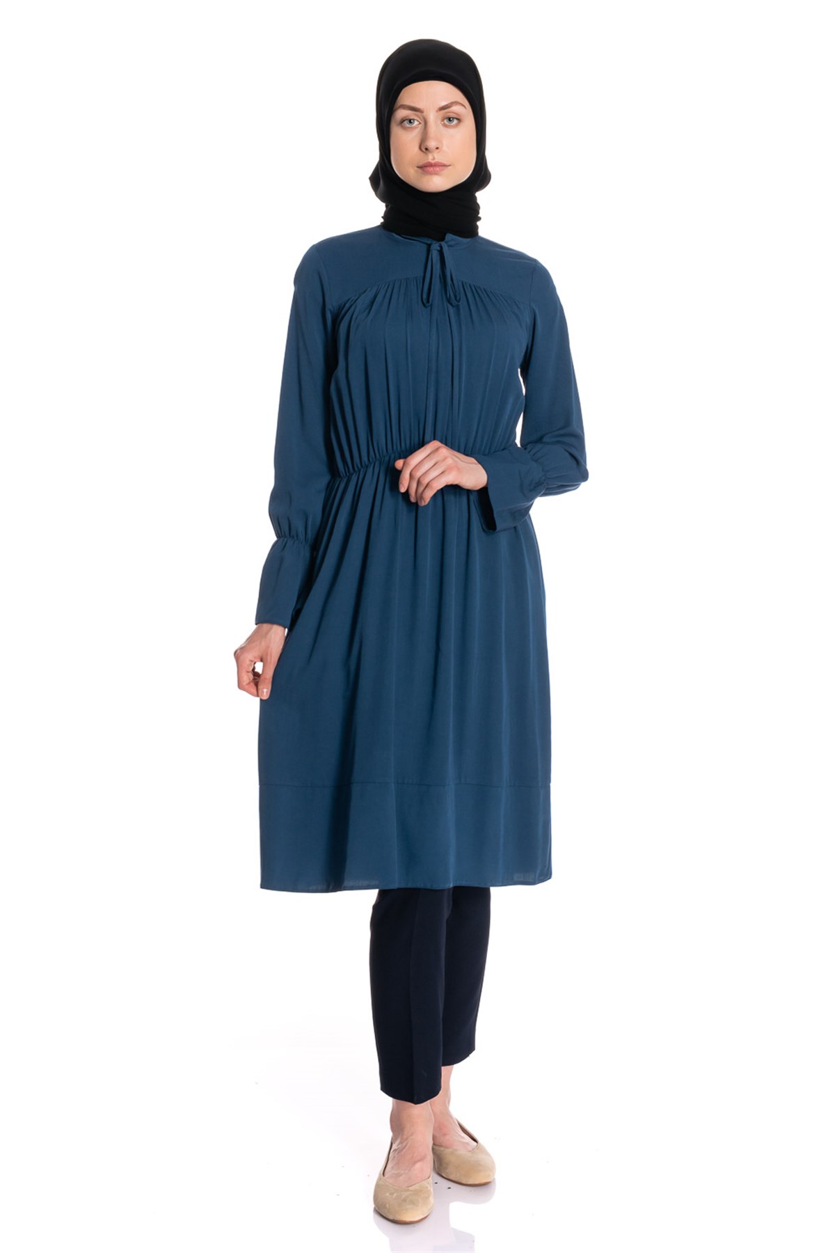Beli Lastikli İndigo Tunik Elbise