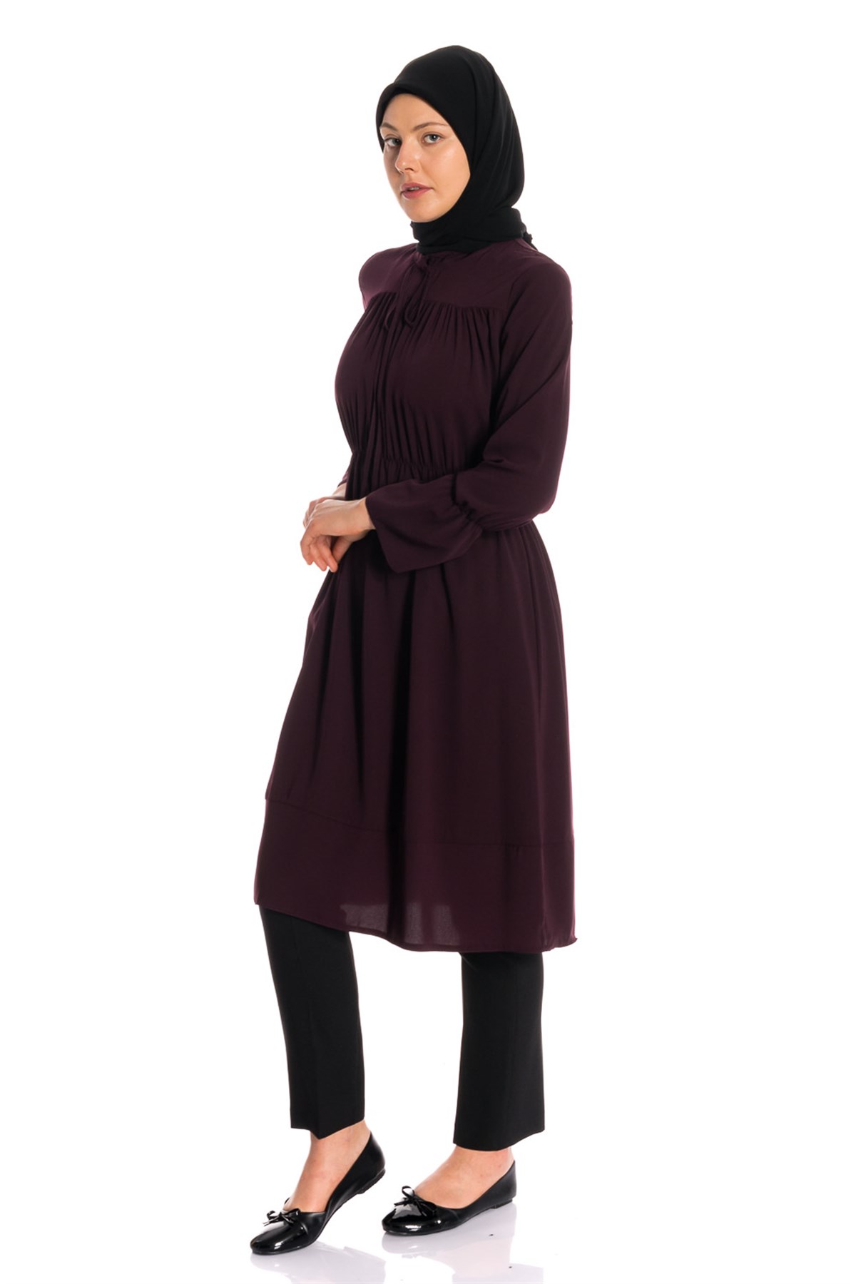 Beli Lastikli İpek Mürdüm Tunik Dresses