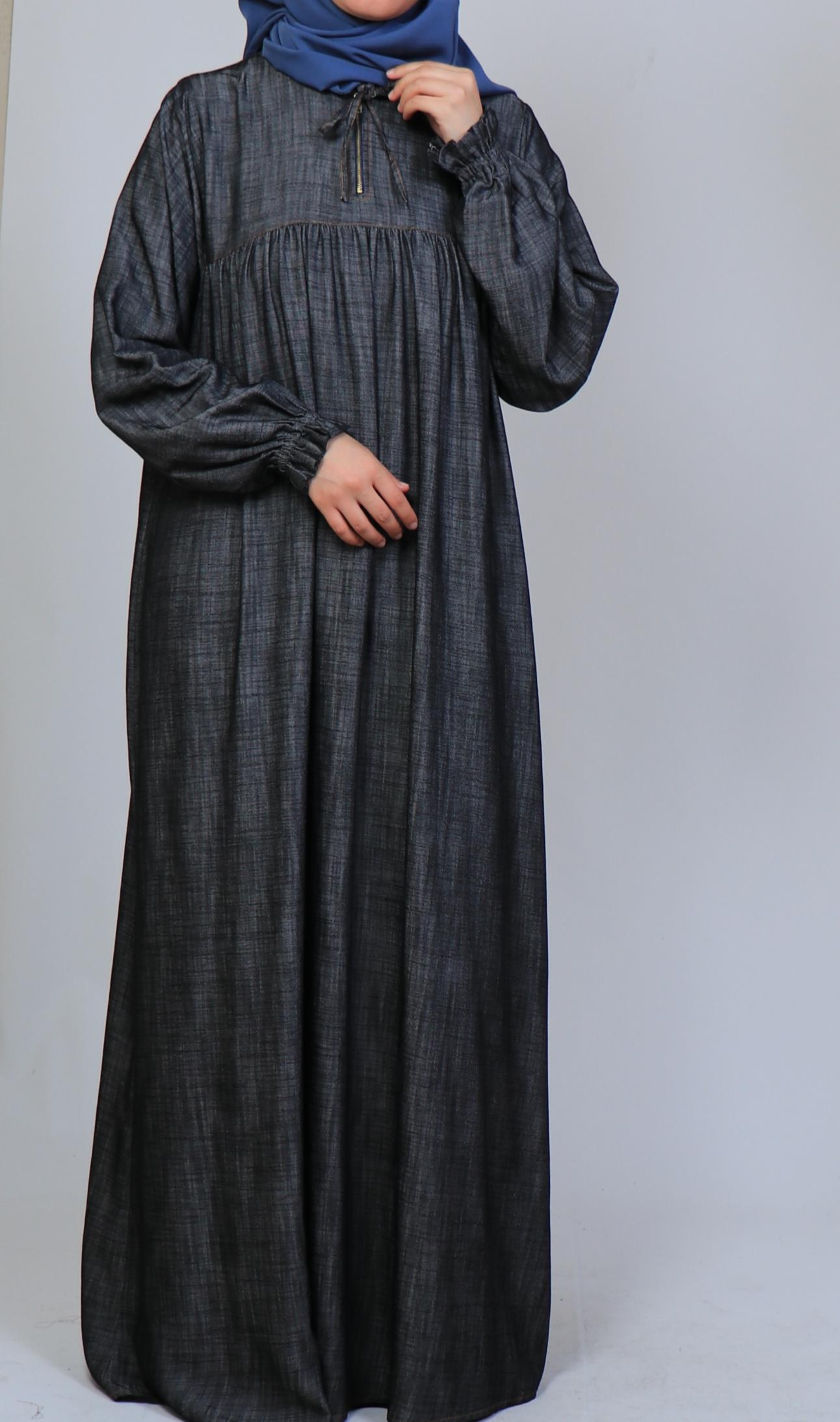 Büzgü Robalı Kot Elbise - Siyah Elbise