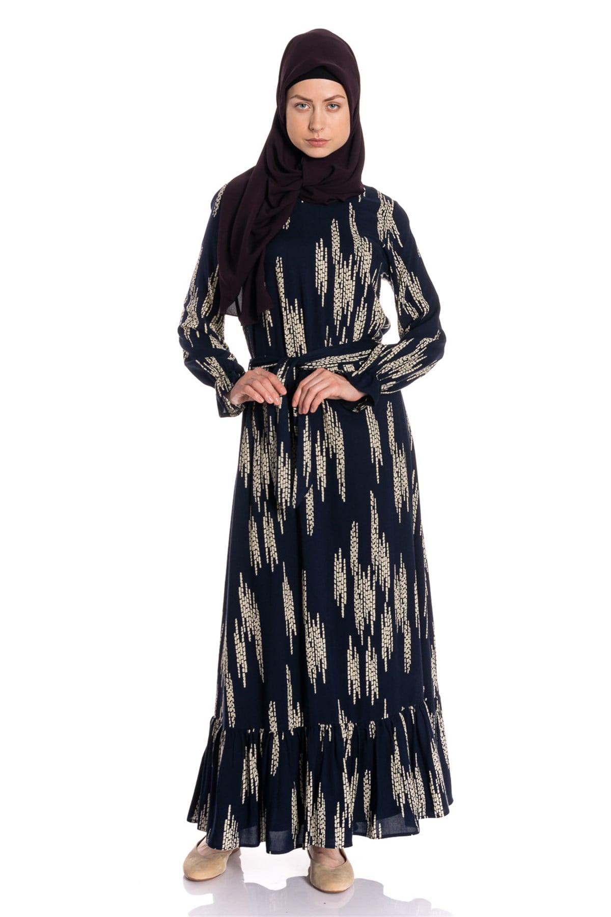 Etek Fırfırlı Desenli Lacivert Elbise Dresses