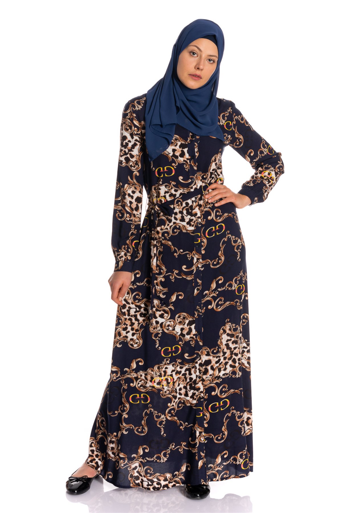 Gömlek Yaka Desenli Lacivert Elbise Dresses