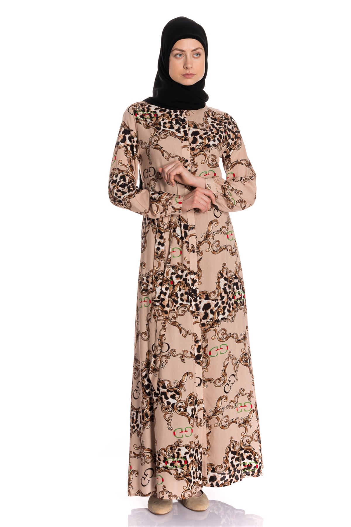 Gömlek Yaka Desenli Pudra Elbise Dresses