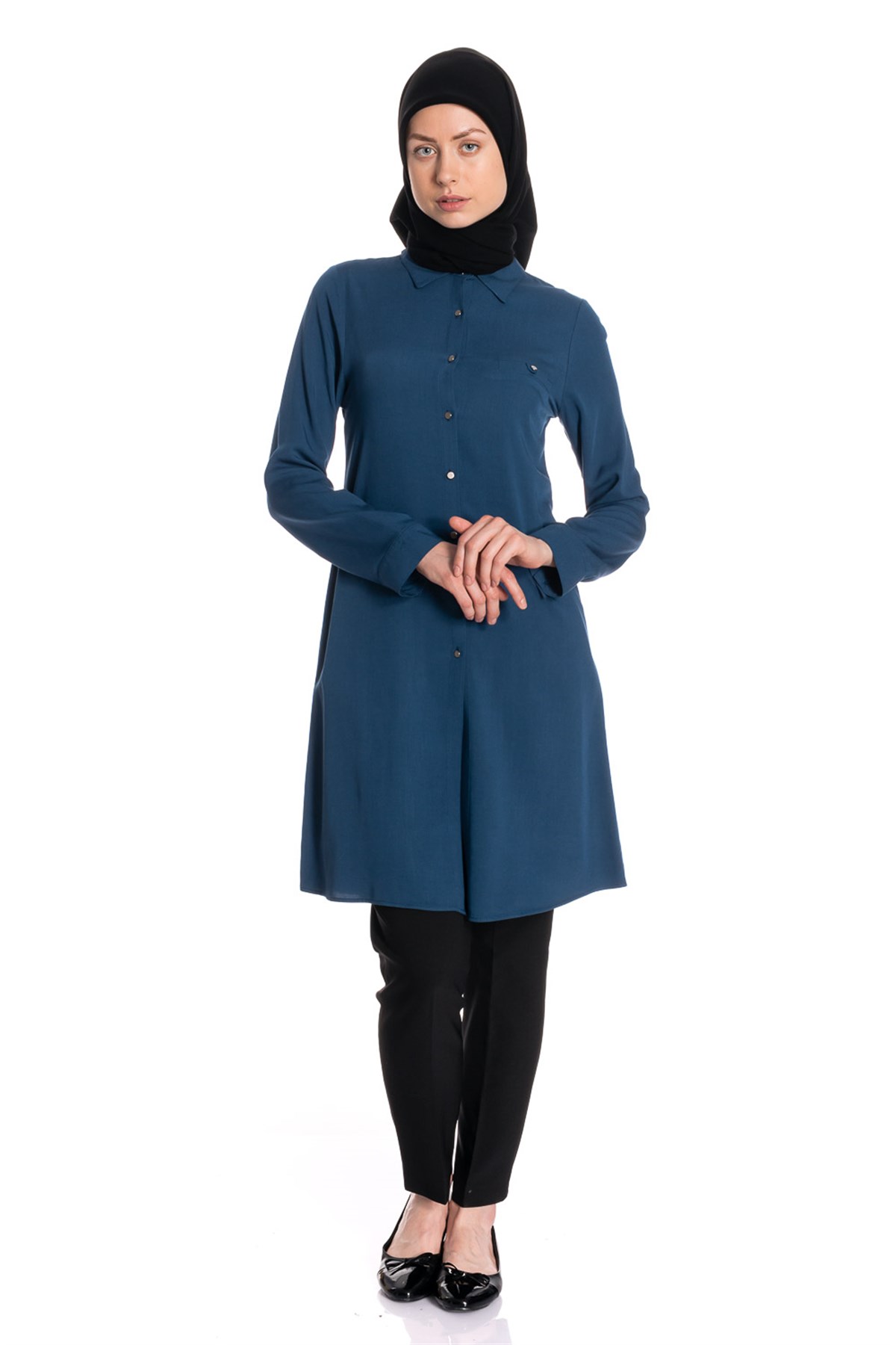 Gömlek Yaka Fleto Cep İndigo Tunik Tunik