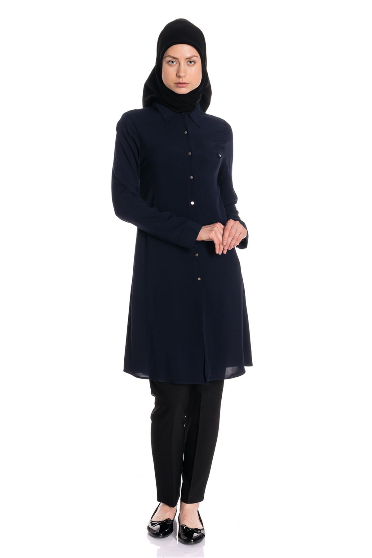 Gömlek Yaka Fleto Cep Lacivert Tunik Tunik