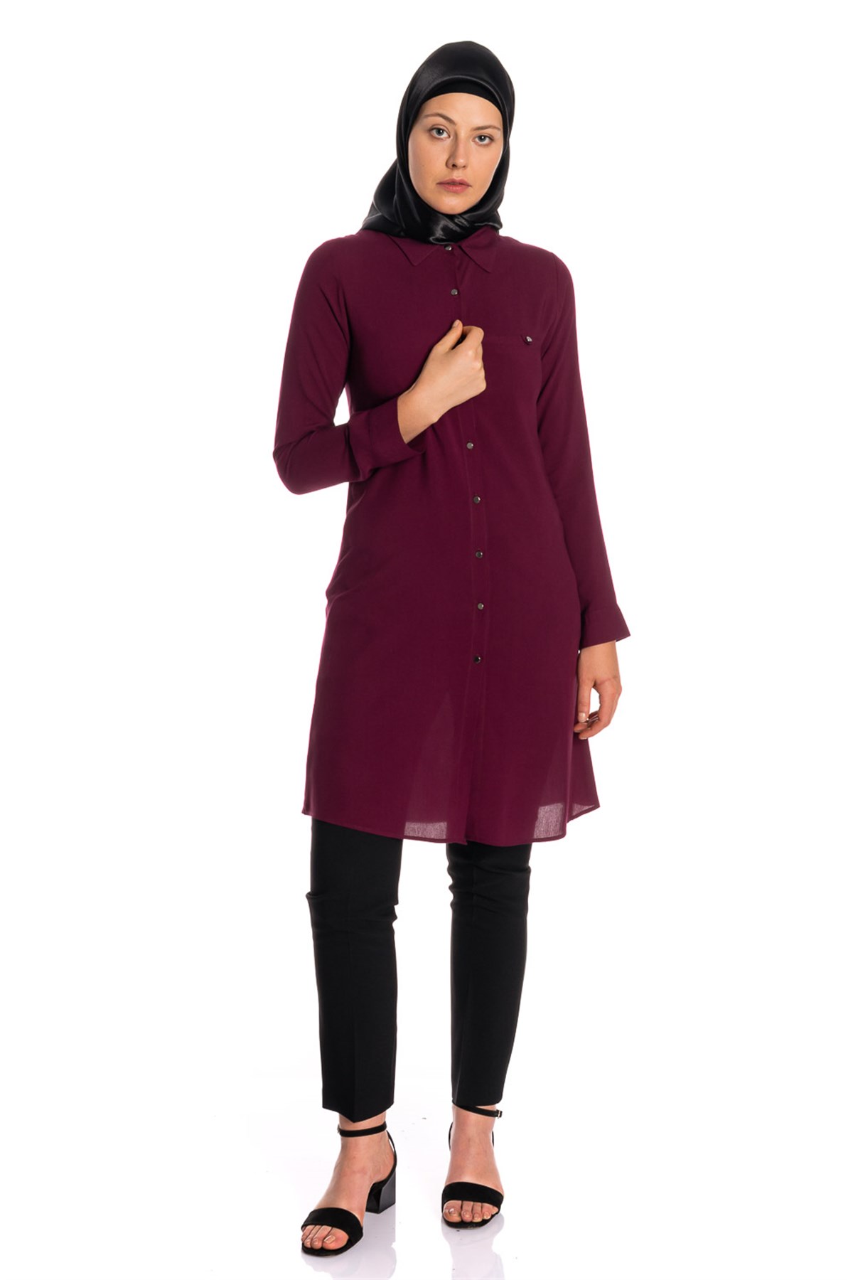 Gömlek Yaka Fleto Cep Mor Tunik Tunik