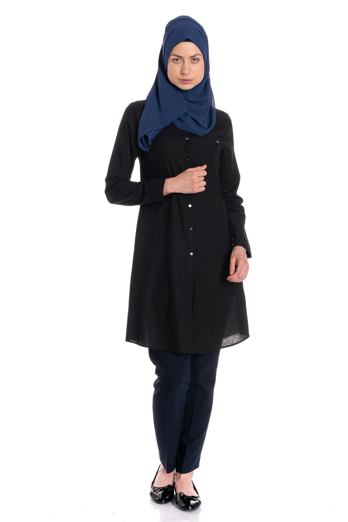 Gömlek Yaka Fleto Cep Siyah Keten Tunik Tunik