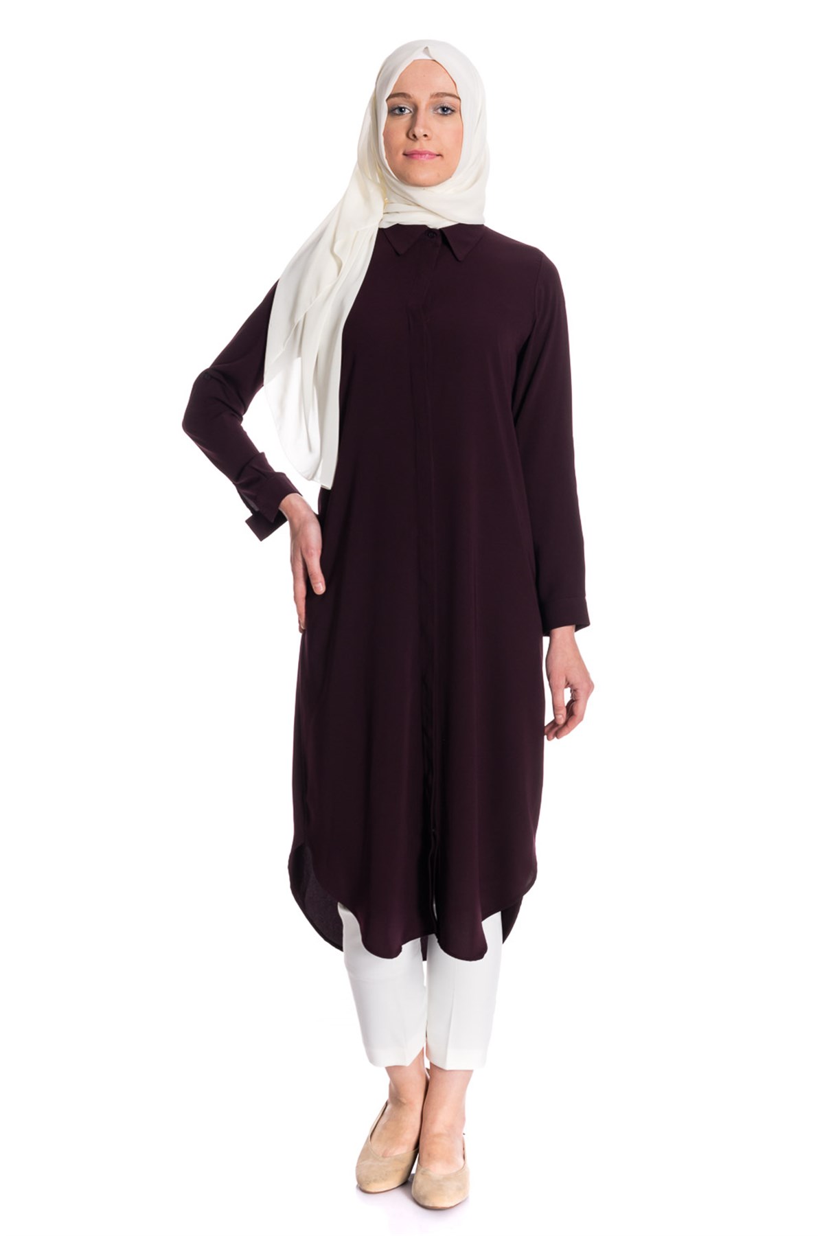 Gömlek Yaka Gizli Patlı Bordo Tunik Tunik