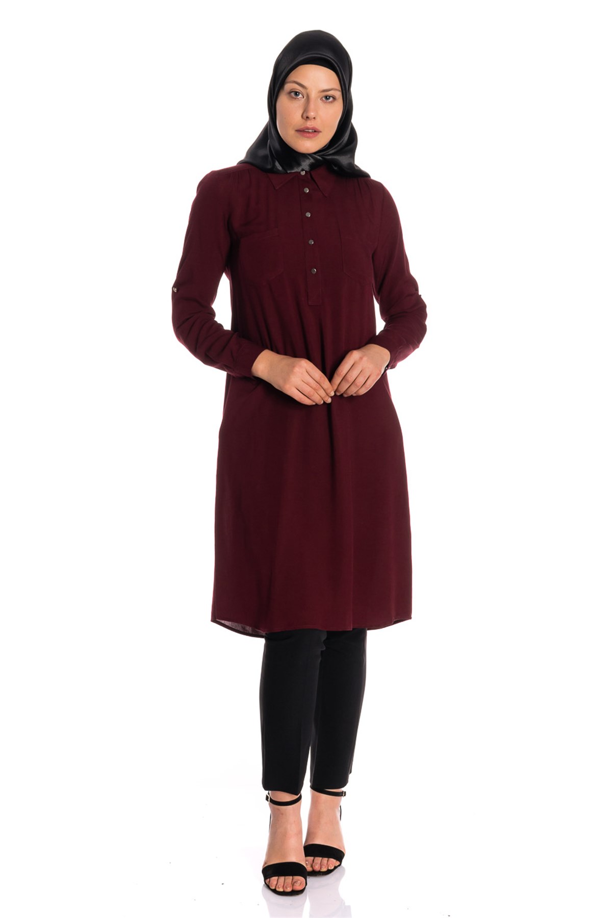 Gömlek Yaka Yarım Patlı Bordo Tunik Tunik
