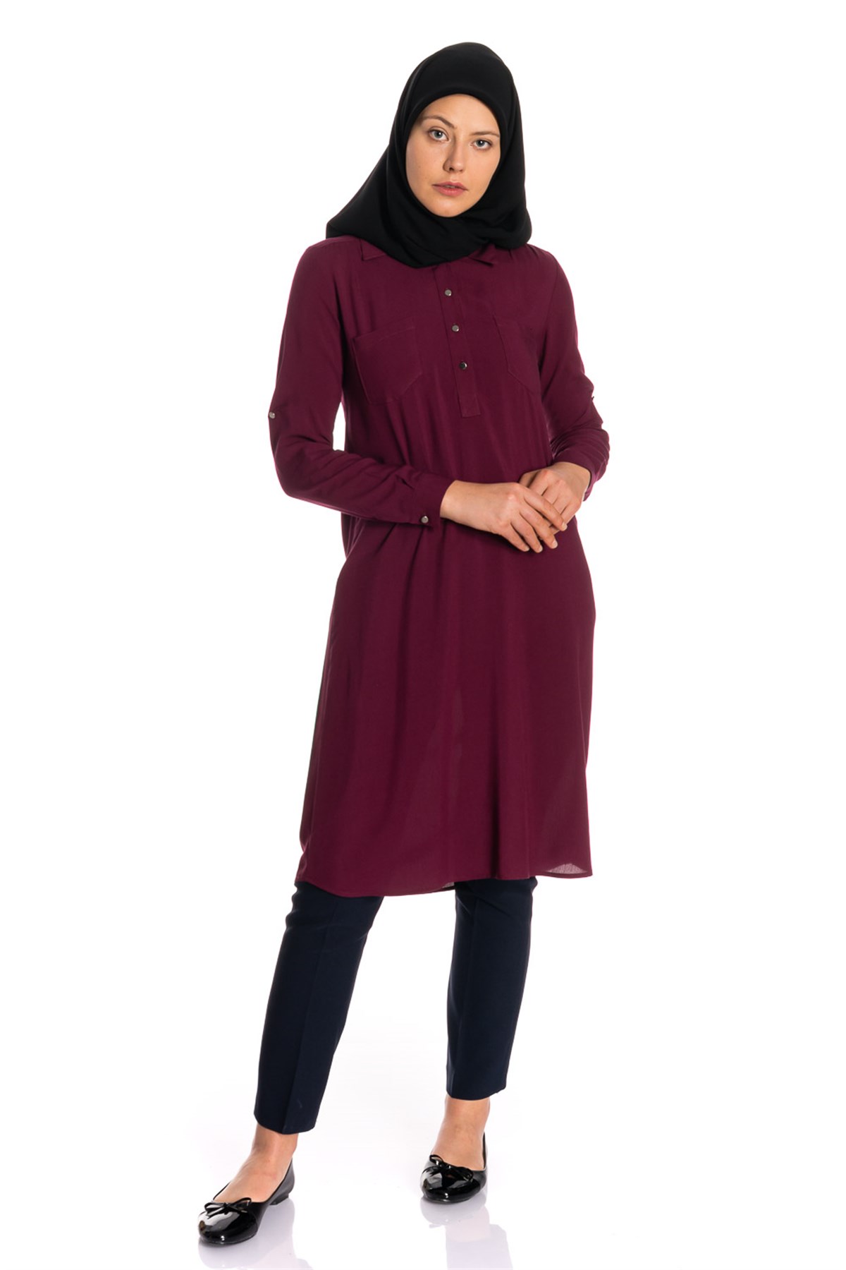 Gömlek Yaka Yarım Patlı Mürdüm Tunik Tunik