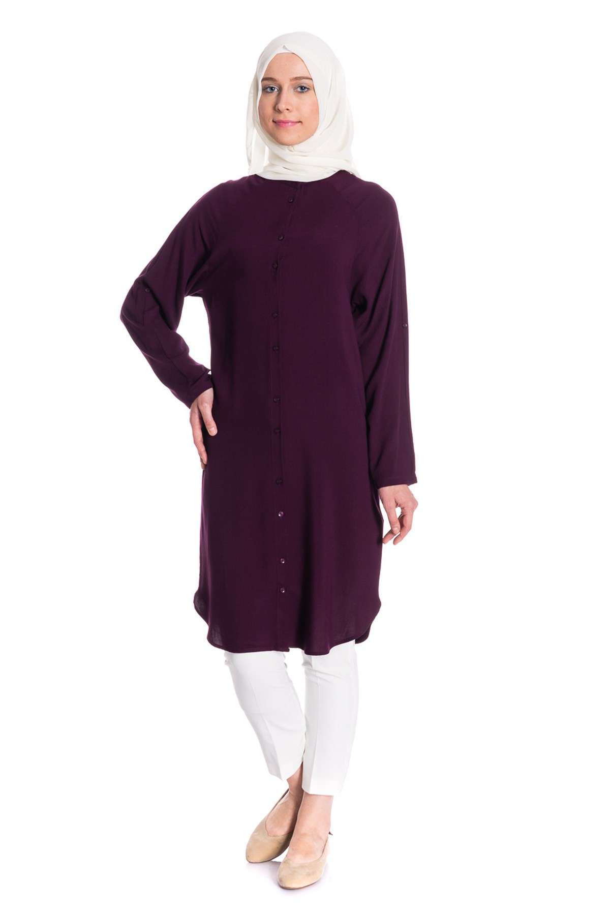Hakim Yaka Düğmeli Mürdüm Tunik Tunik