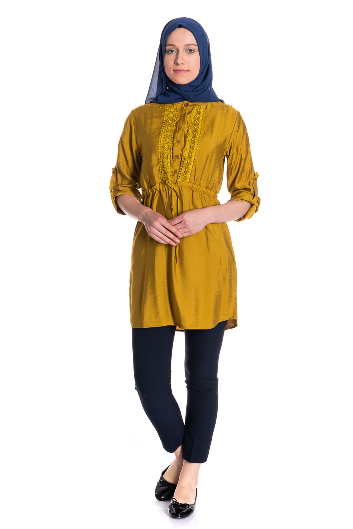 İnci Dantel Detaylı Hardal Tunik Tunik