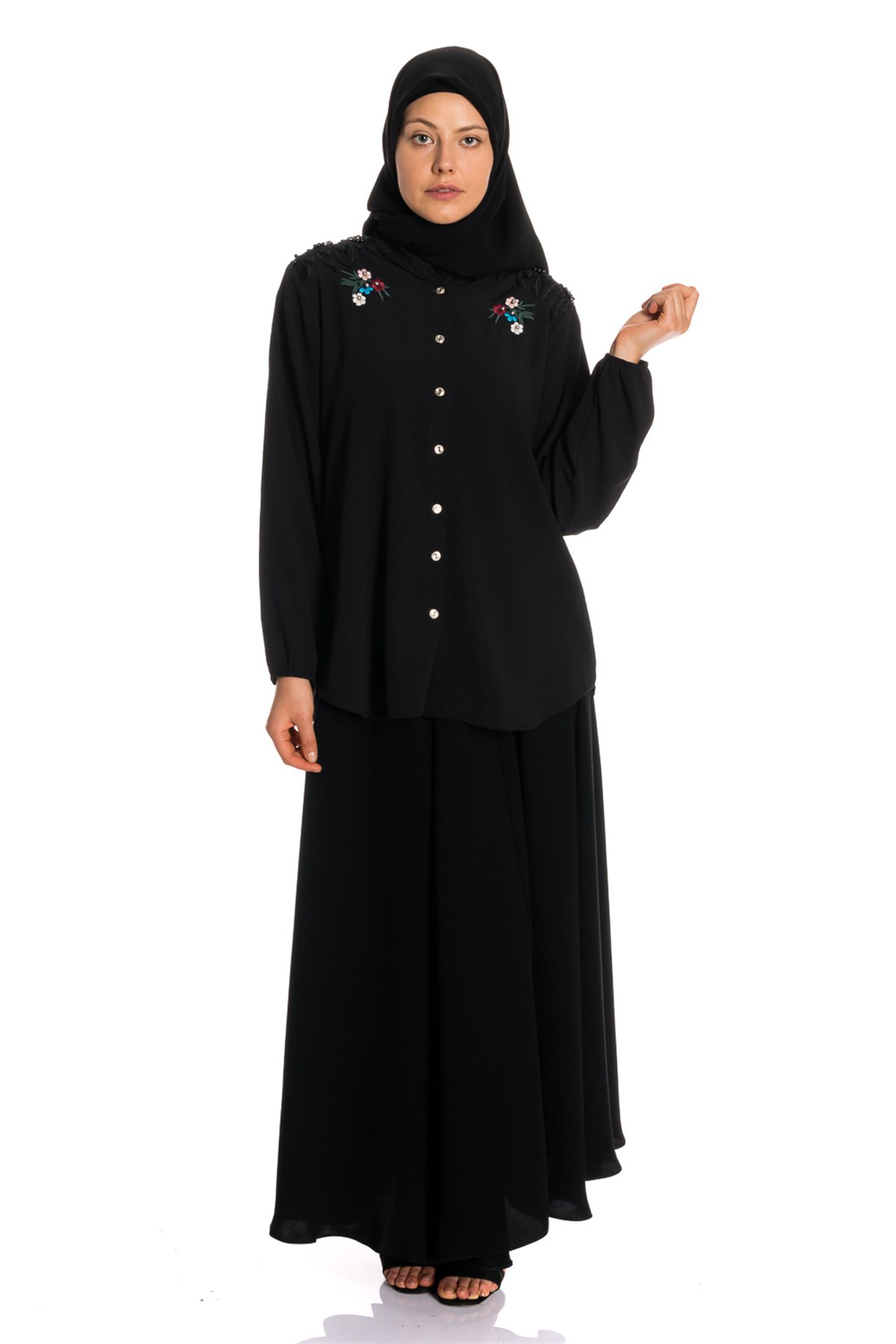 Omuz Dantelli Siyah Gömlek Gömlek