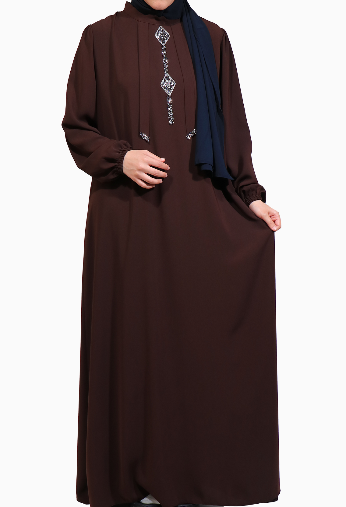 TAŞLI ÇAN ELBİSE MEDİNE İPEĞİ -KAHVE  Elbise