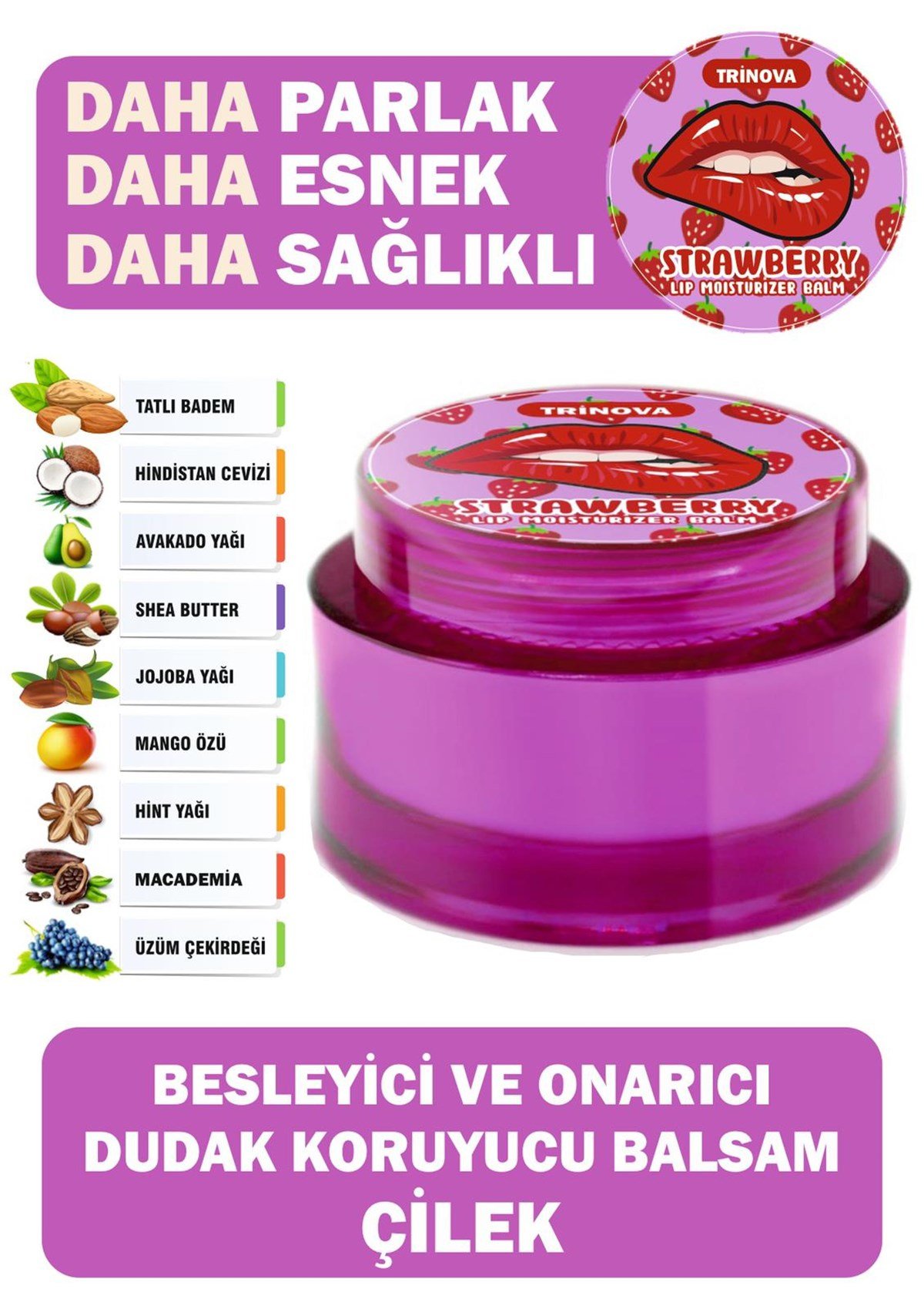 Trinova Çilek Aromalı Dudak Koruyucu Uyku Bakım Maskesi Balm 15ml