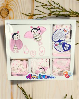 Organik 10 Parça Uğur Böceği Nakışlı Yenidoğan Hastane Çıkışı Seti (Pembe)