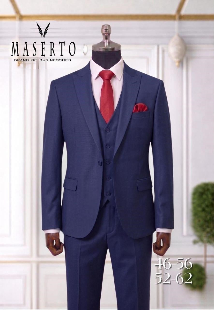 MASERTO Lacivert Erkek Slim Fit Yelekli Takım Elbise