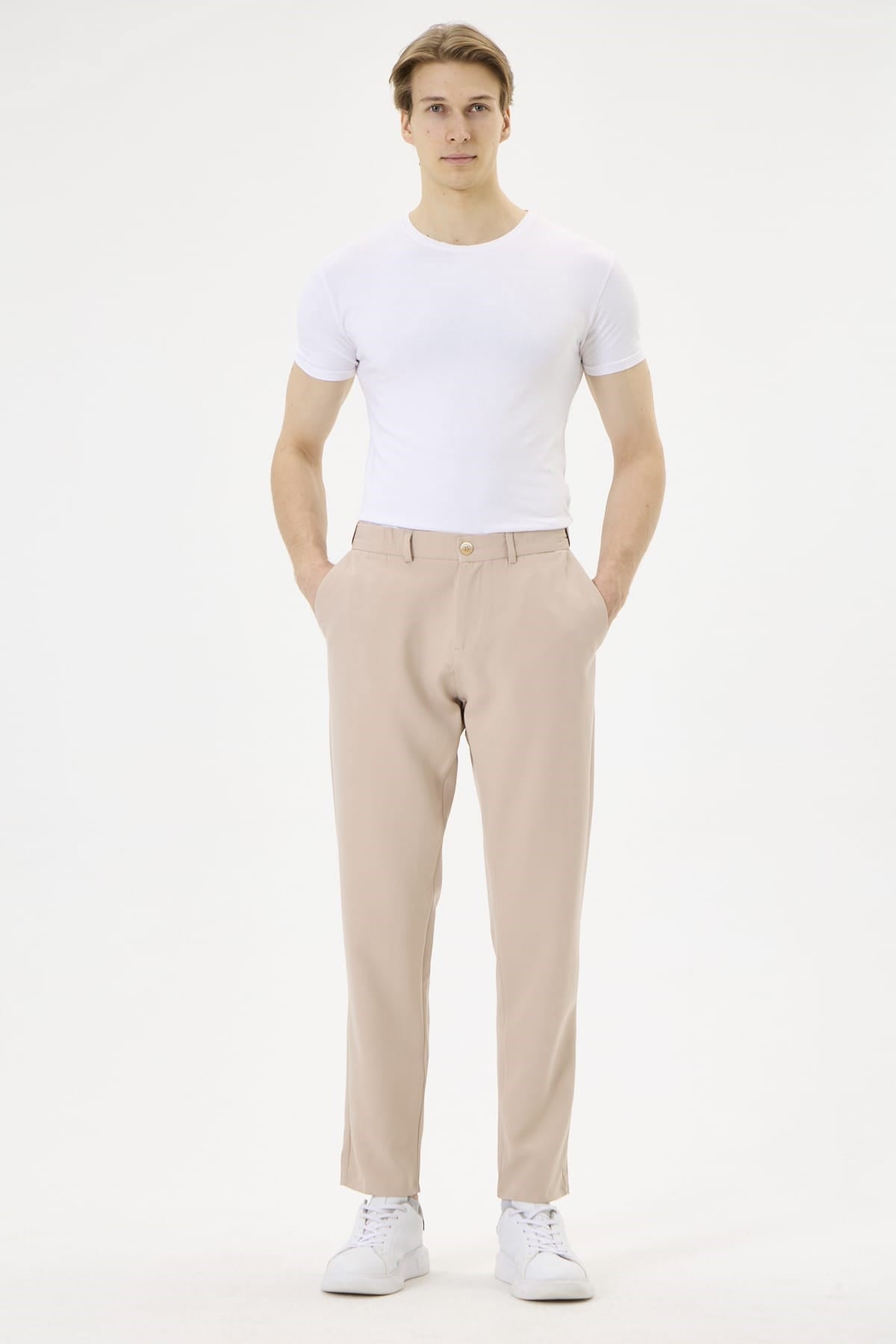 Erkek Bej Slim Fit Esnek Beli Lastikli Poliviskon Kumaş Pantolon