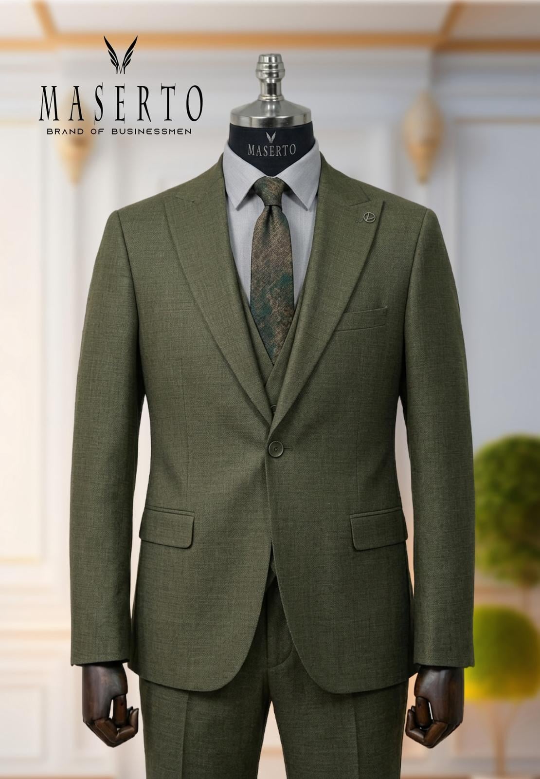 Erkek Tek Düğme Koyu Haki Slim Fit Yelekli Takım Elbise