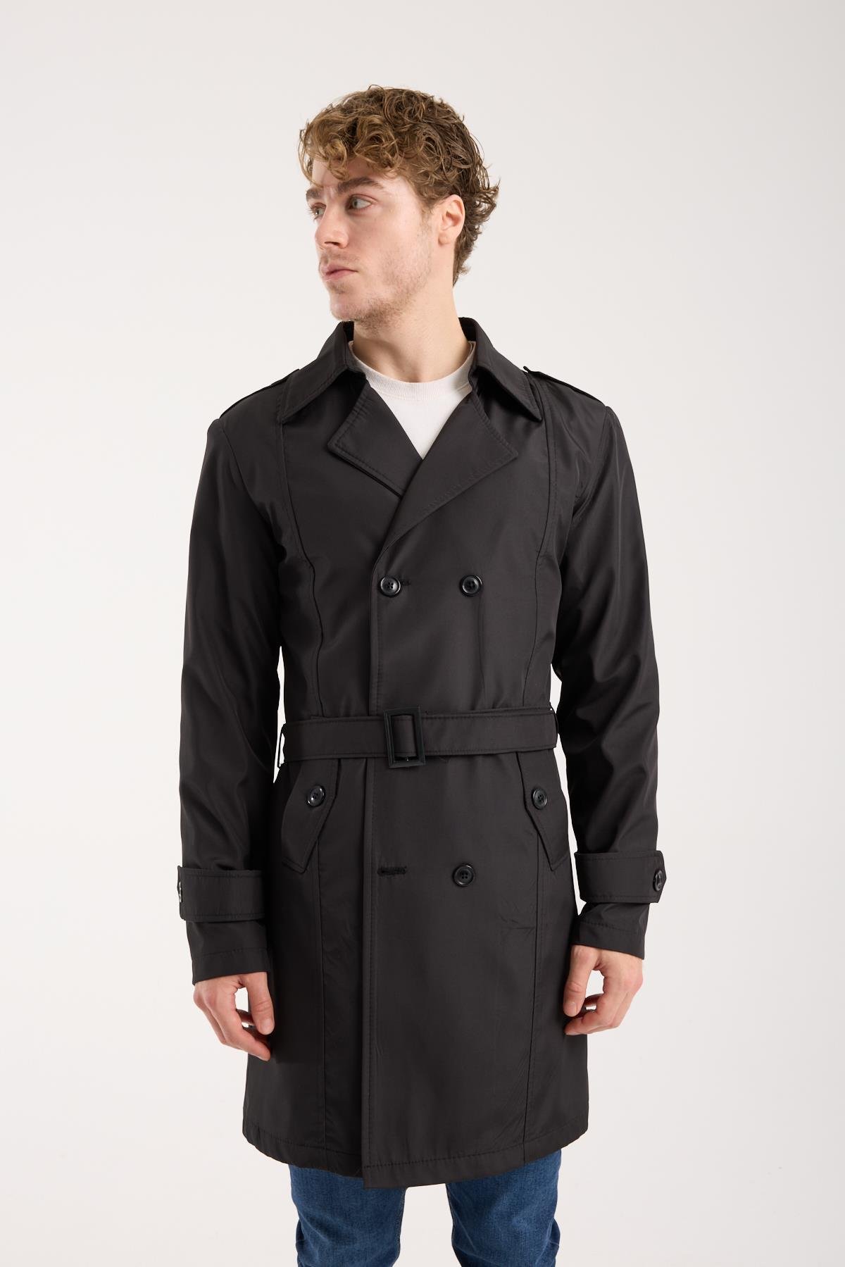 Maserto Slim Fit Mens Black Trench Coat