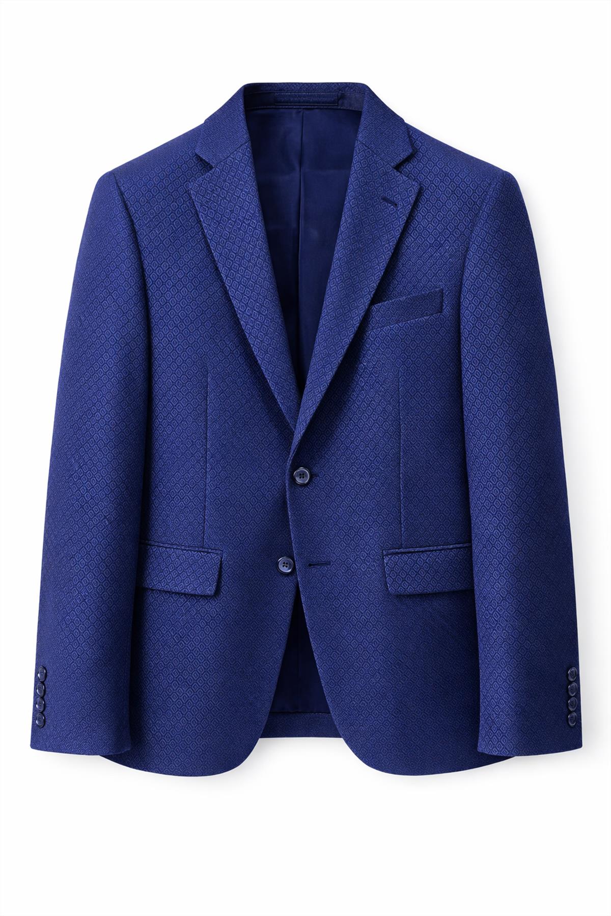 Erkek Lacivert Mikro Desenli Slim Fit Blazer Ceket