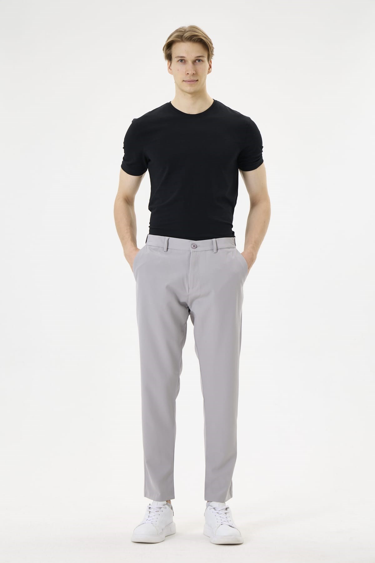 Erkek Gri Slim Fit Esnek Beli Lastikli Poliviskon Kumaş Pantolon