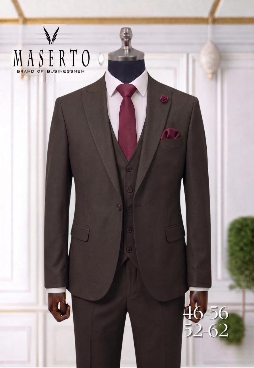 MASERTO Kahverengi Slim Fit Yelekli Erkek Takım Elbise