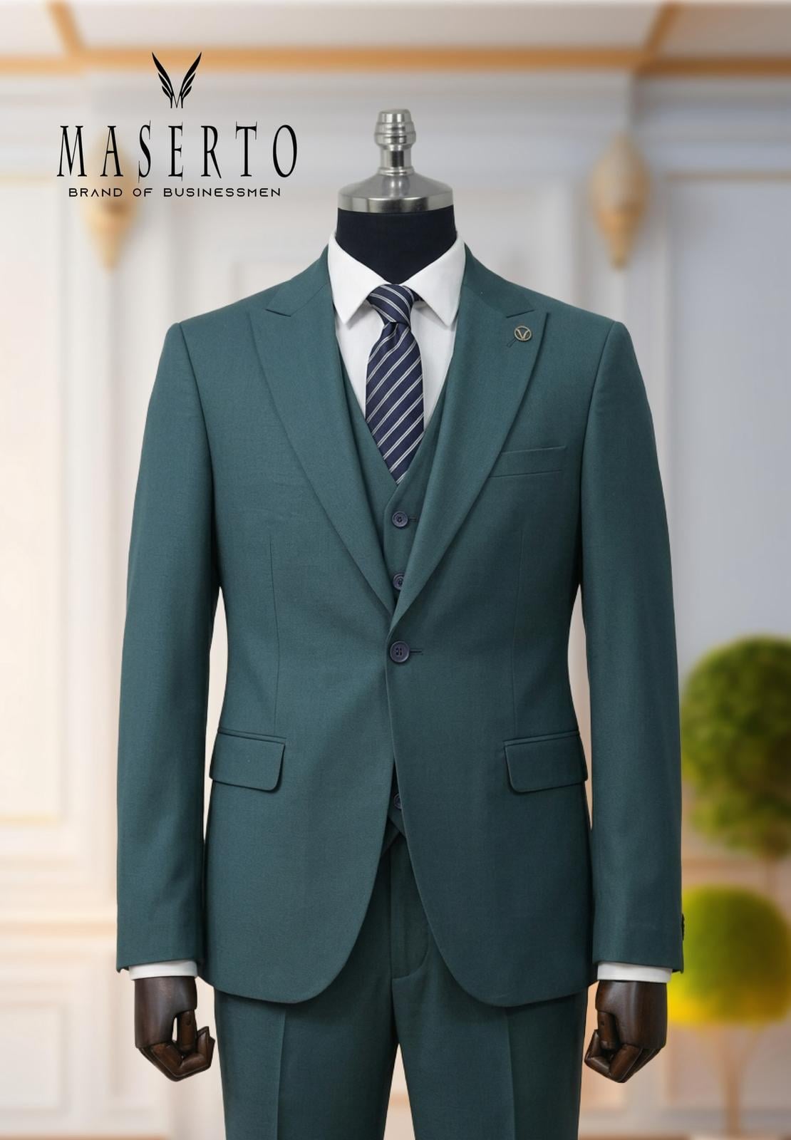 Erkek Tek Düğme Petrol Yeşil Slim Fit Yelekli Takım Elbise