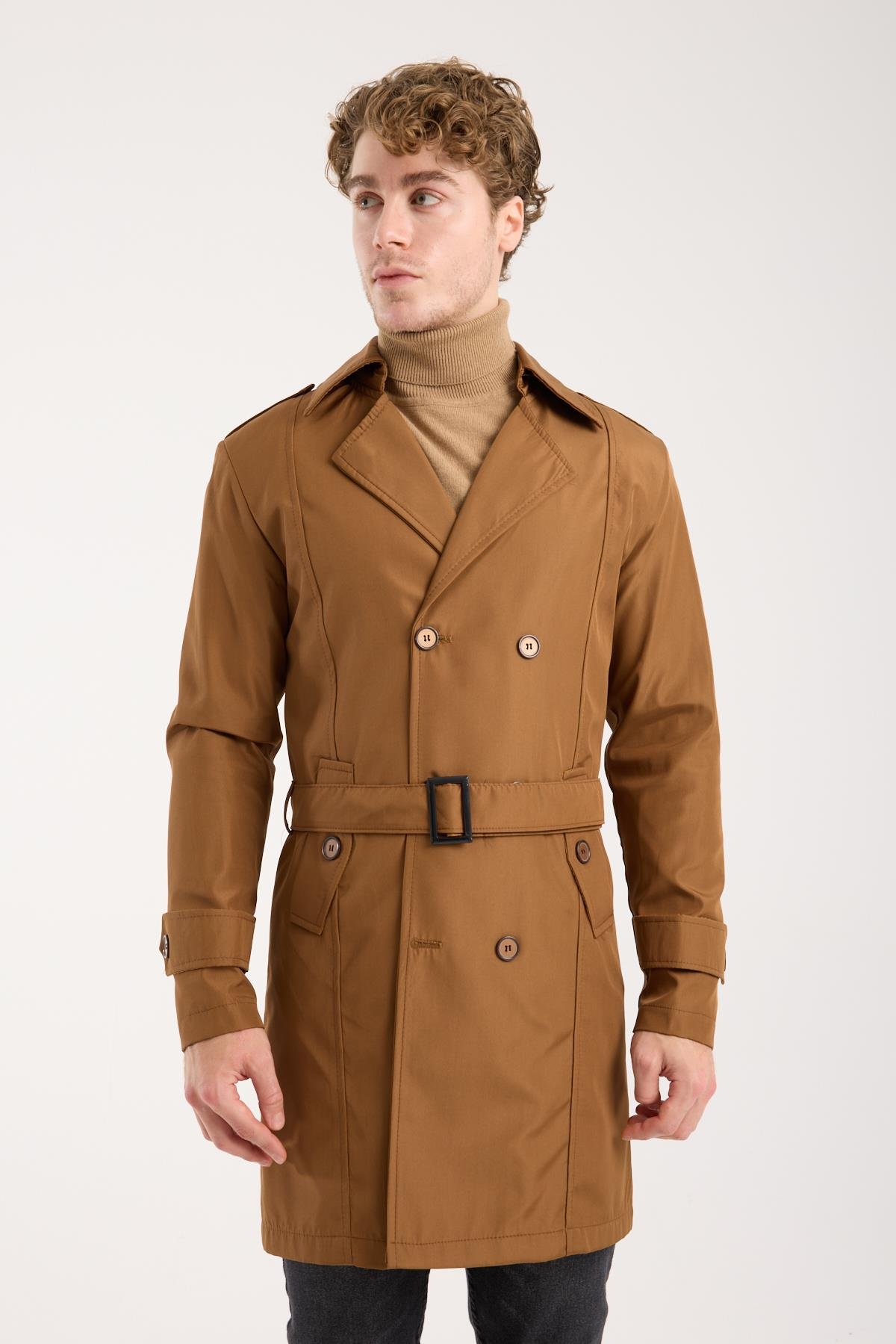 Maserto Slim Fit Mens Light Brown Trench Coat
