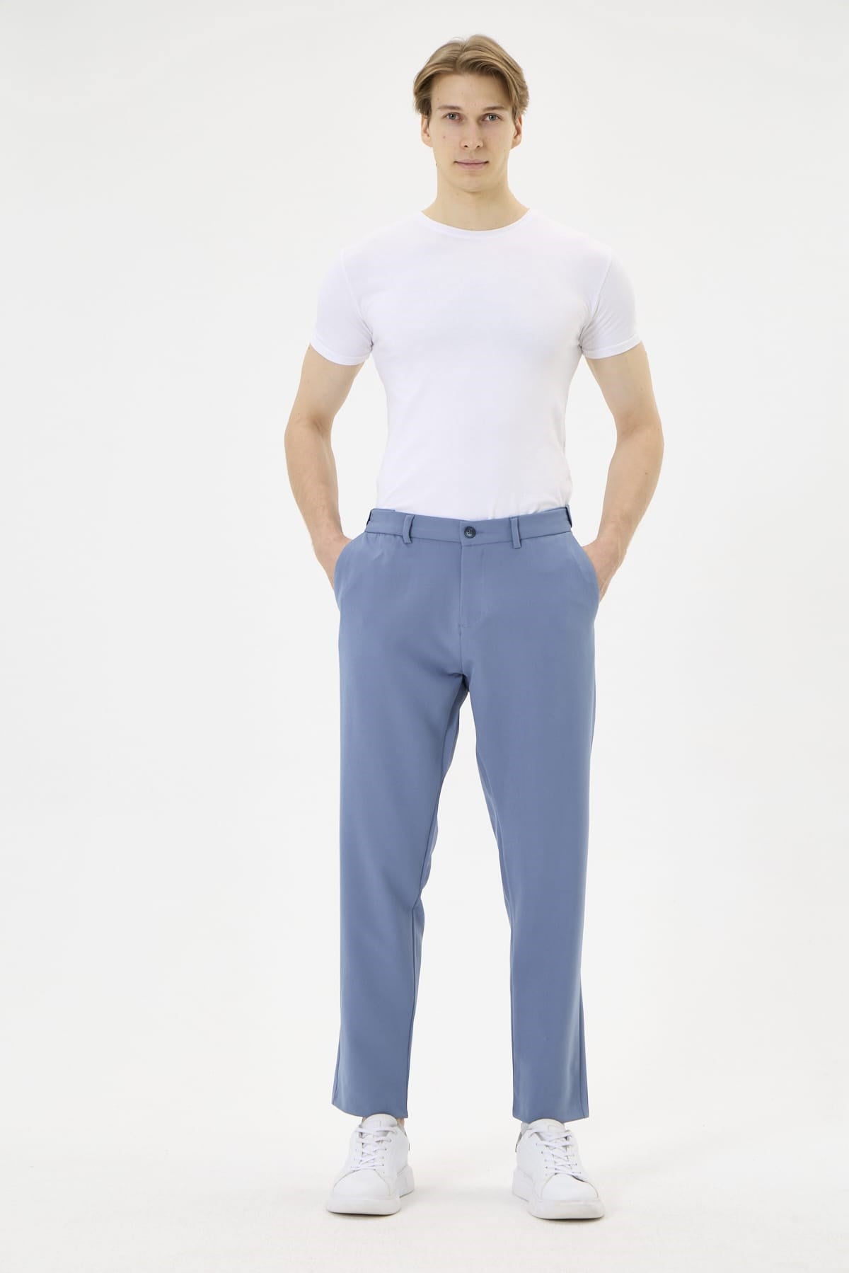 Erkek Mavi Slim Fit Esnek Beli Lastikli Poliviskon Kumaş Pantolon