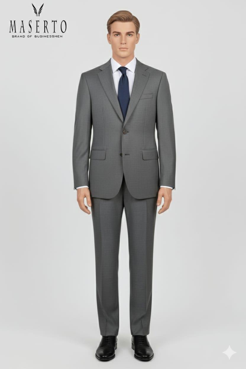 Maserto Slim Fit Gri Cepli Takım Elbise Kendinden Desenli