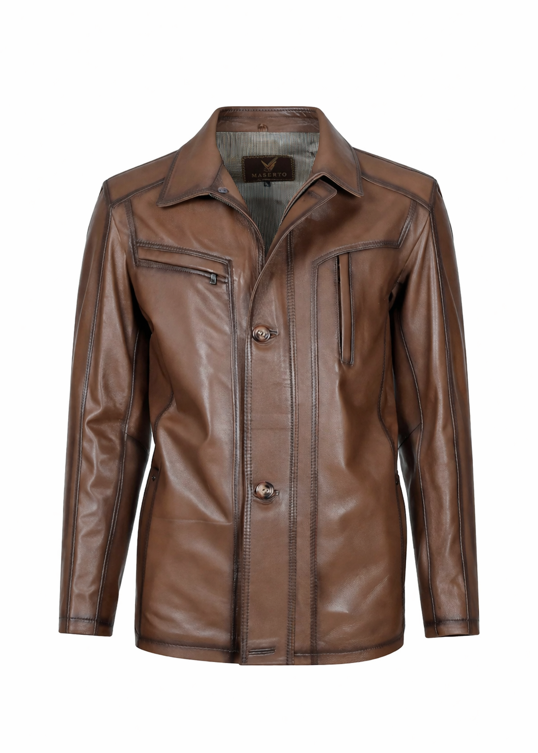 Kahverengi Gömlek Yaka Deri Mont