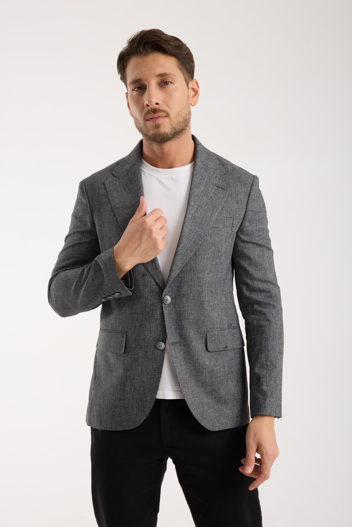 Erkek Gri Slim Fit Keten Dokulu Klasik Ceket