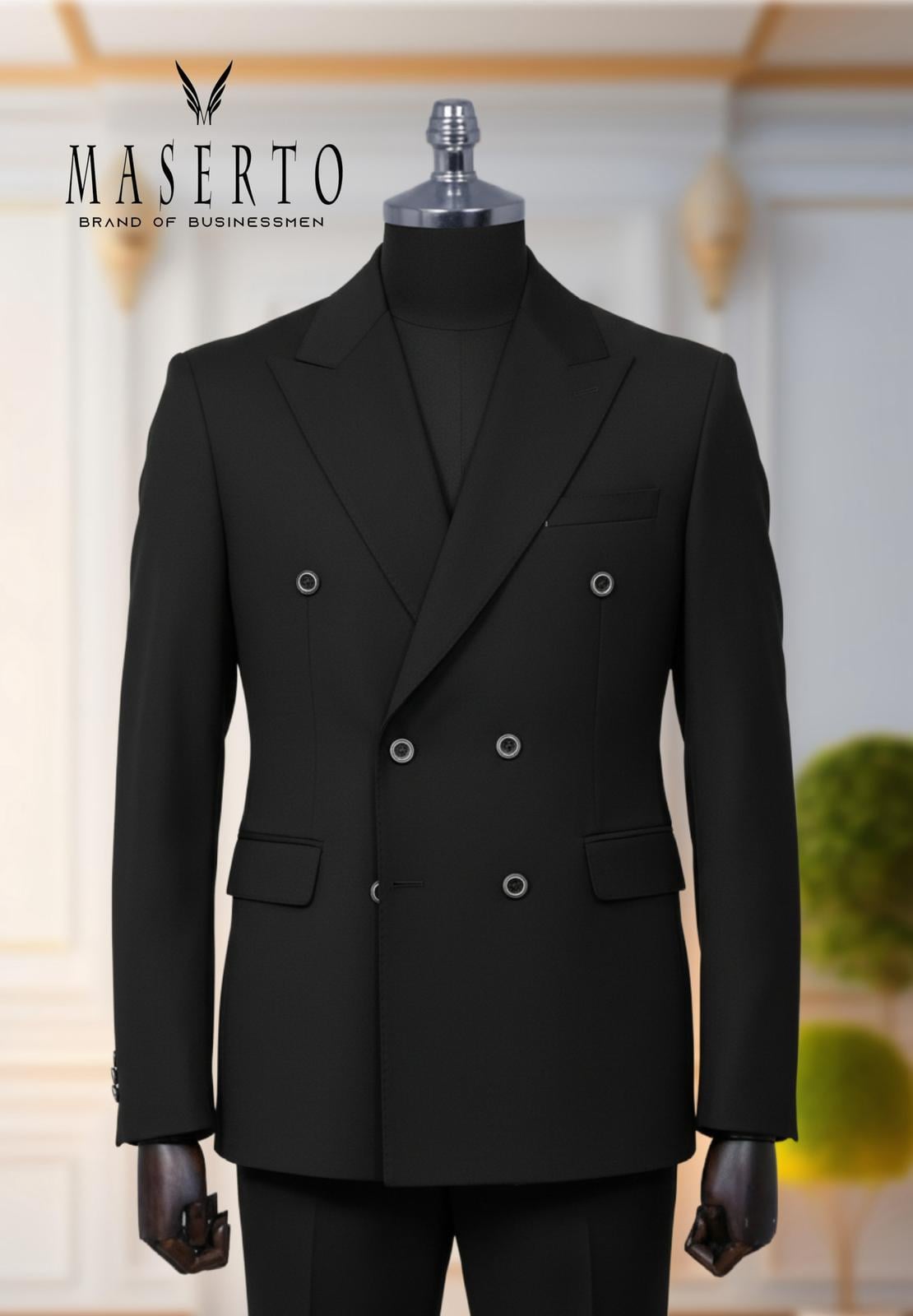 Erkek Slim Fit Siyah Klasik Kruvaze Takım Elbise