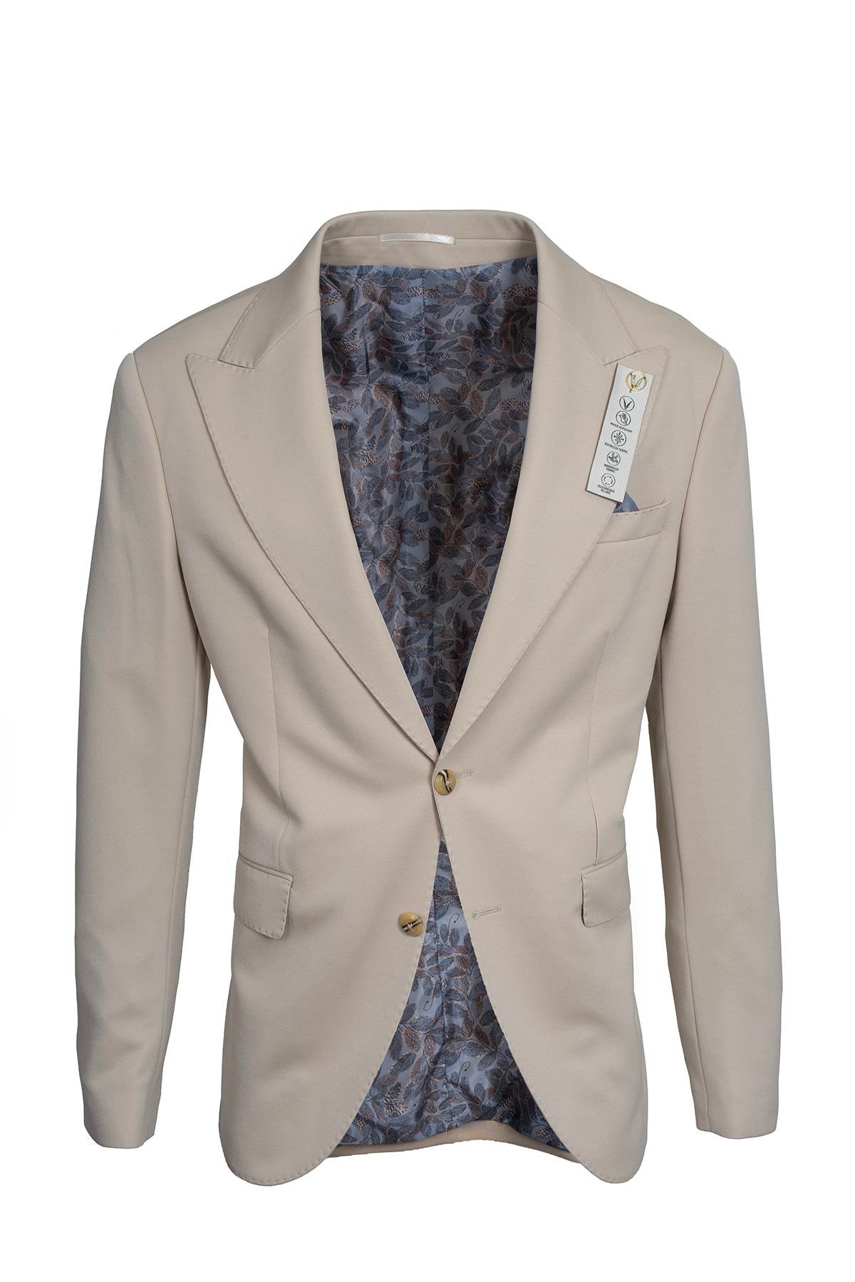 Bej Erkek Slim Fit Poliviskon Full Likra Tek Düğme Ceket	