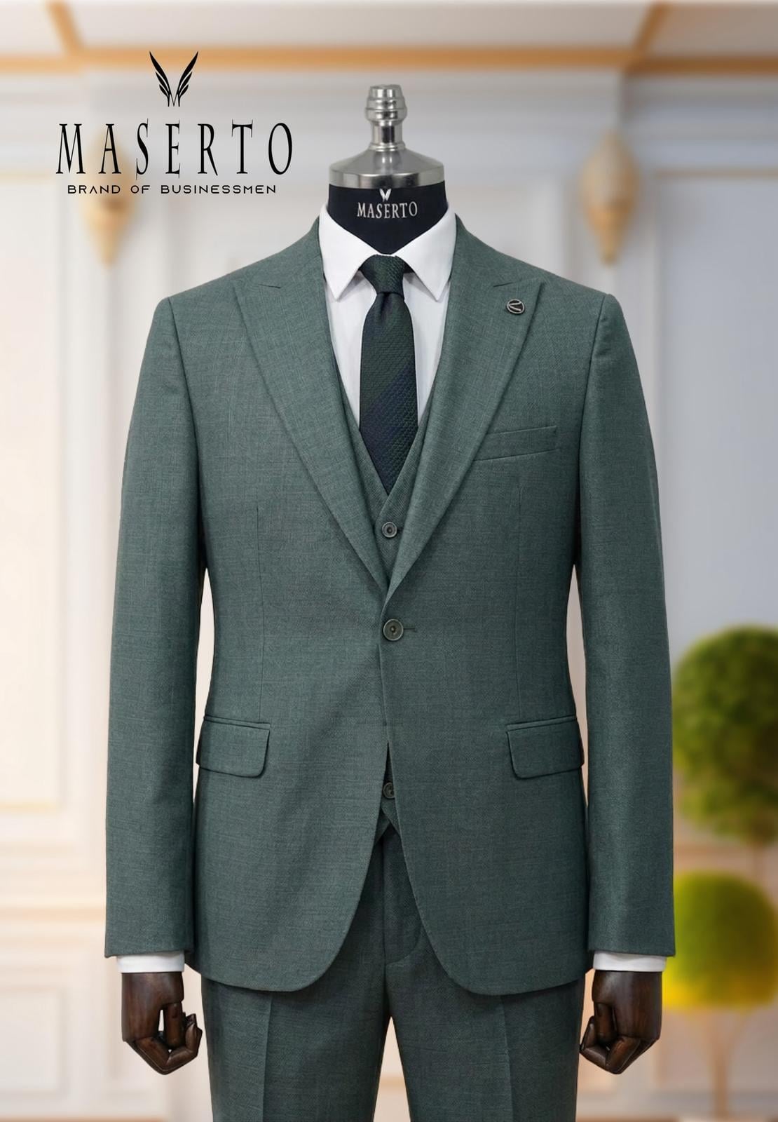 Erkek Tek Düğme Kırçıllı Haki Slim Fit Yelekli Takım Elbise