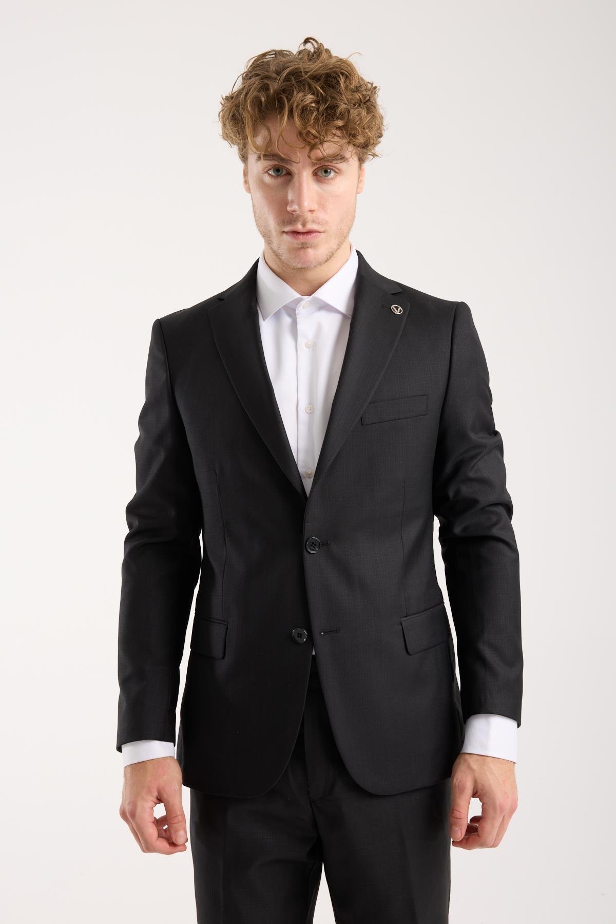 Maserto Siyah Kendinden Desenli Slim Fit Erkek Takım Elbise