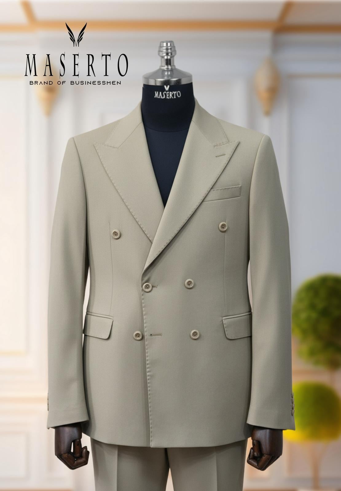 Erkek Slim Fit Bej Klasik Kruvaze Takım Elbise