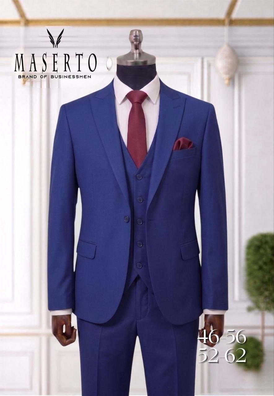 MASERTO Saks Mavisi Slim Fit Yelekli Erkek Takım Elbise