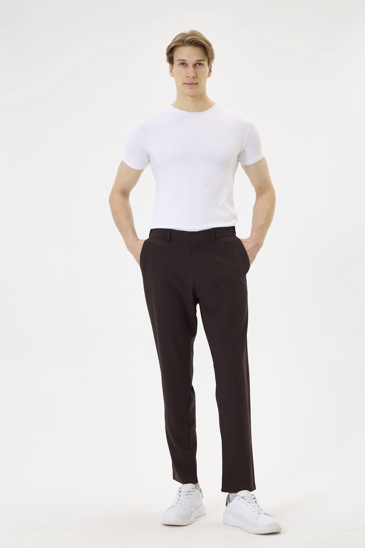 Erkek Kahverengi Slim Fit Esnek Beli Lastikli Poliviskon Kumaş Pantolon