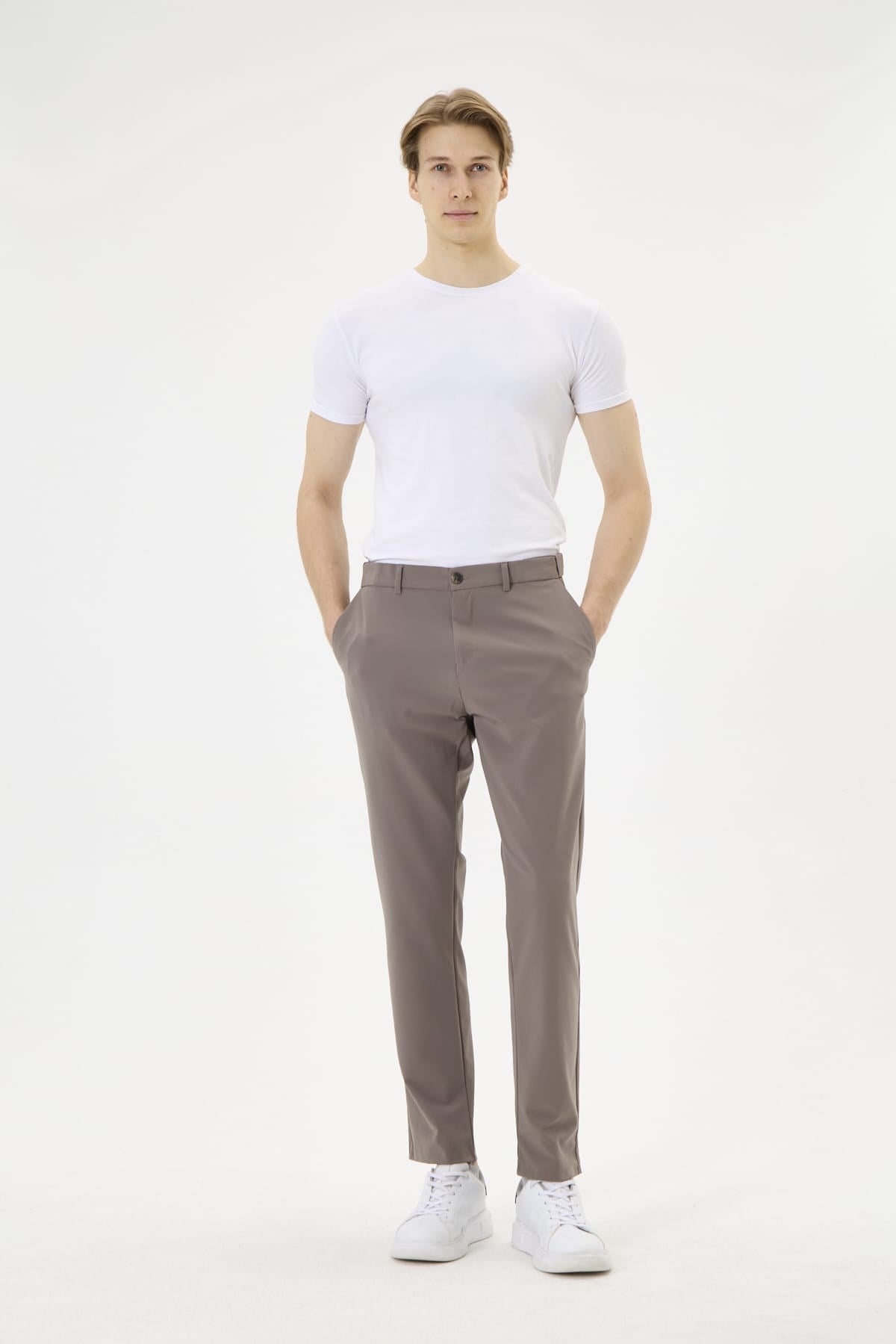 Erkek Vizon Slim Fit Esnek Beli Lastikli Kumaş Pantolon
