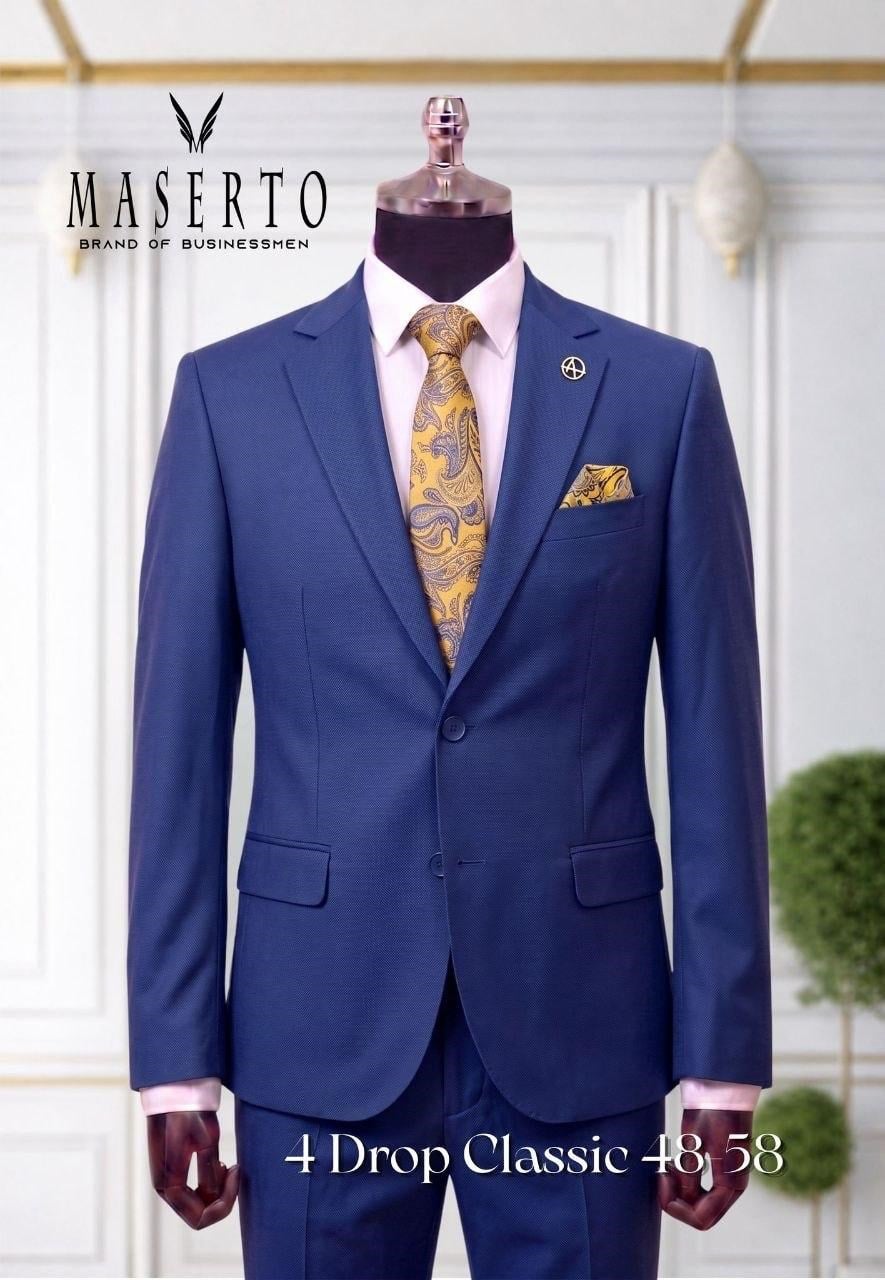 Maserto Erkek Klasik Mavi Takım Elbise 4 Drop Slim Fit Mavi