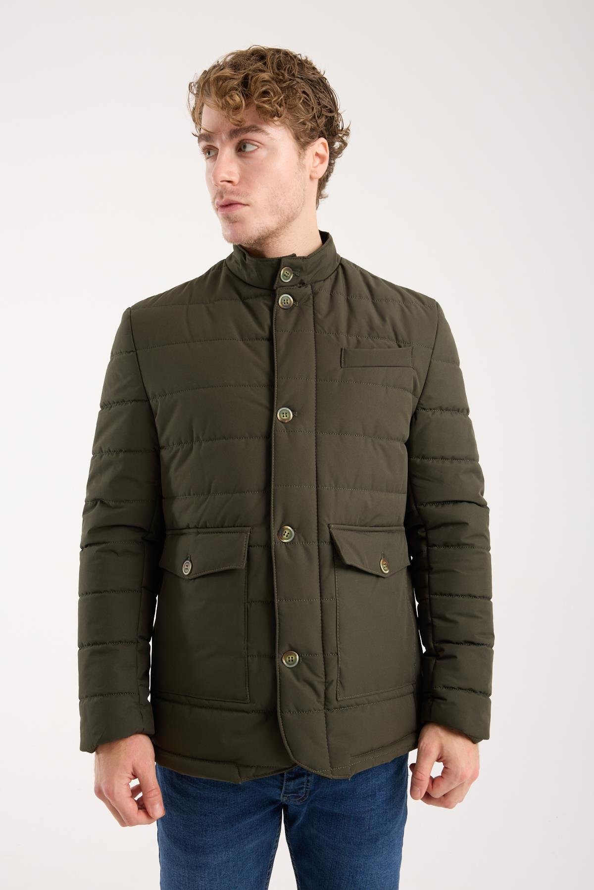 Maserto Erkek Haki Hakim Yaka Düğmeli Kapitone Mont