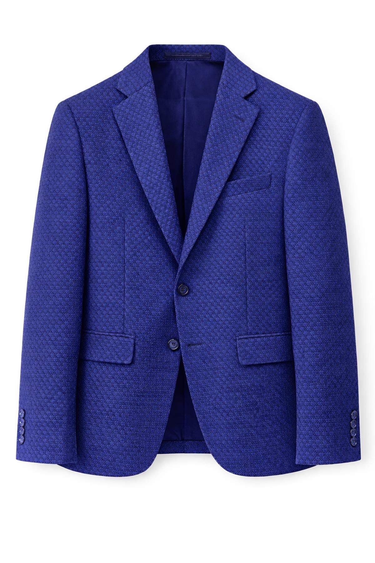 Erkek Saks Desenli Slim Fit Blazer Ceket