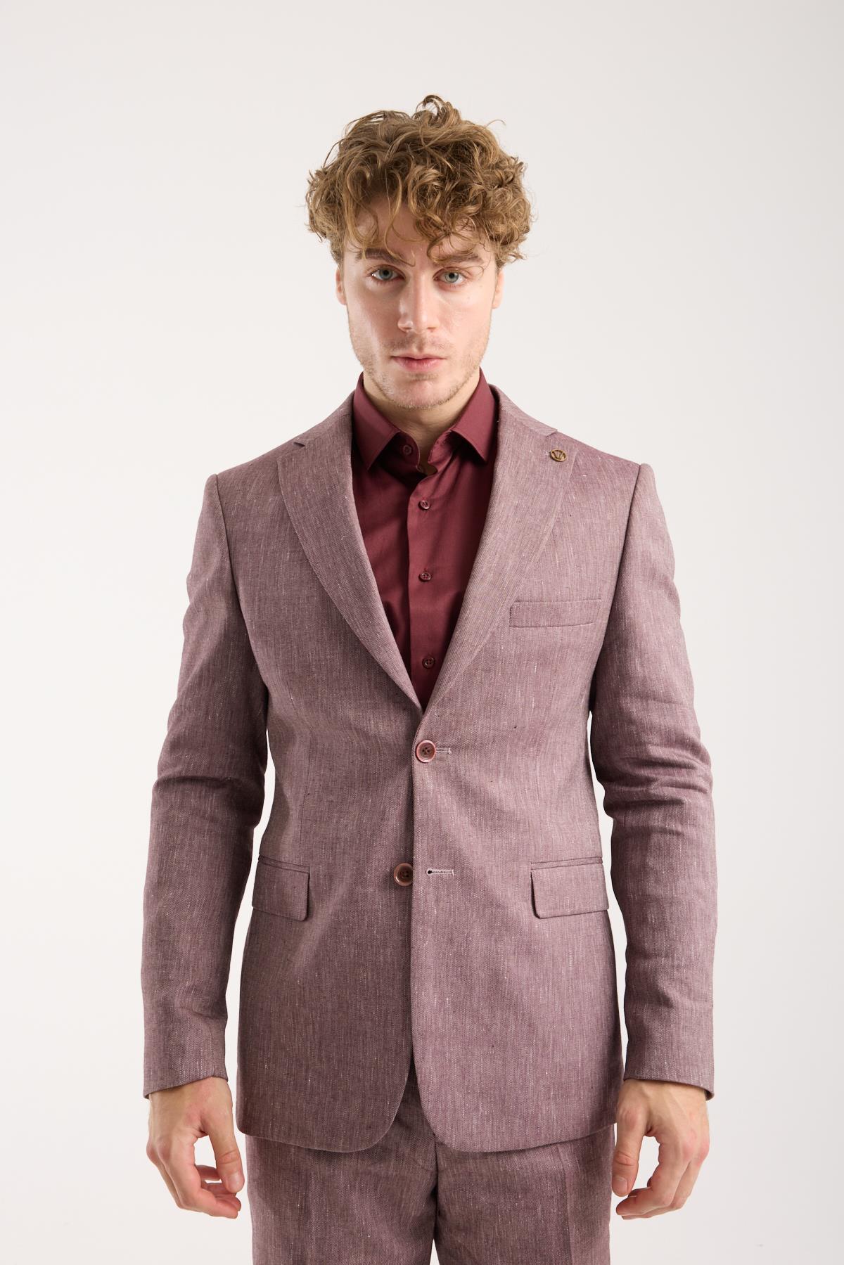 Maserto Keten Kumaş Pastel Bordo Modern Kesim Takım Elbise