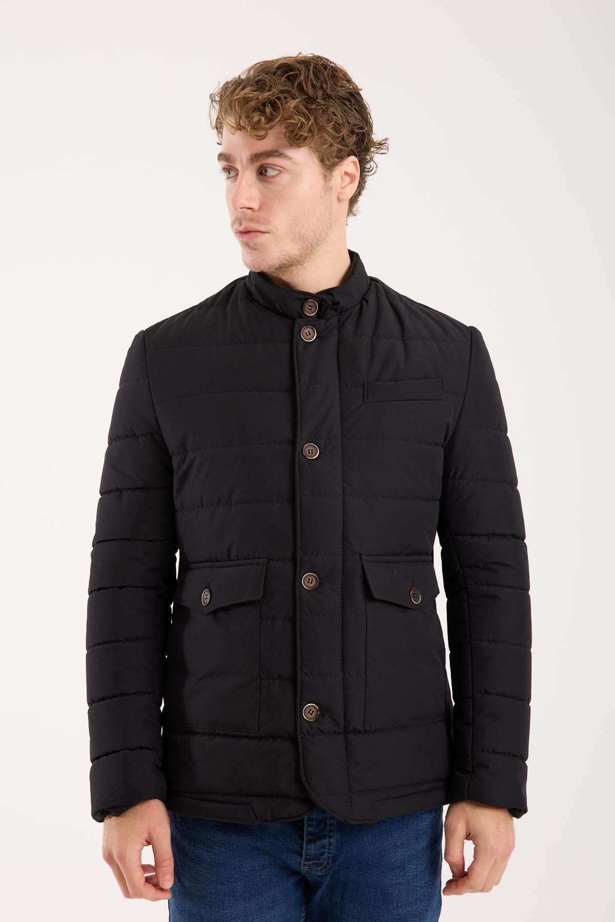 Maserto Erkek Siyah Hakim Yaka Düğmeli Kapitone Mont