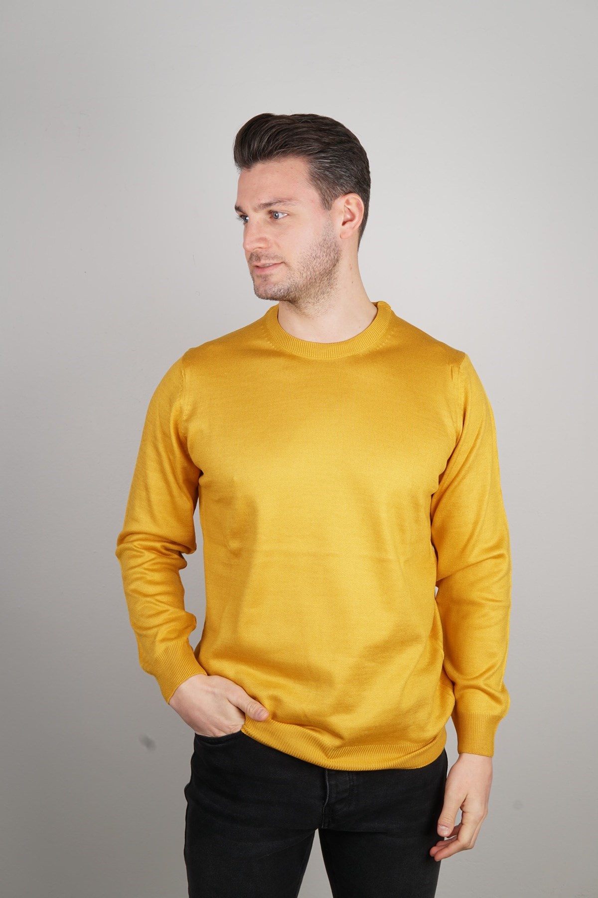 Maserto Sarı Bisiklet Yaka Tüylenmeyen Triko Kazak