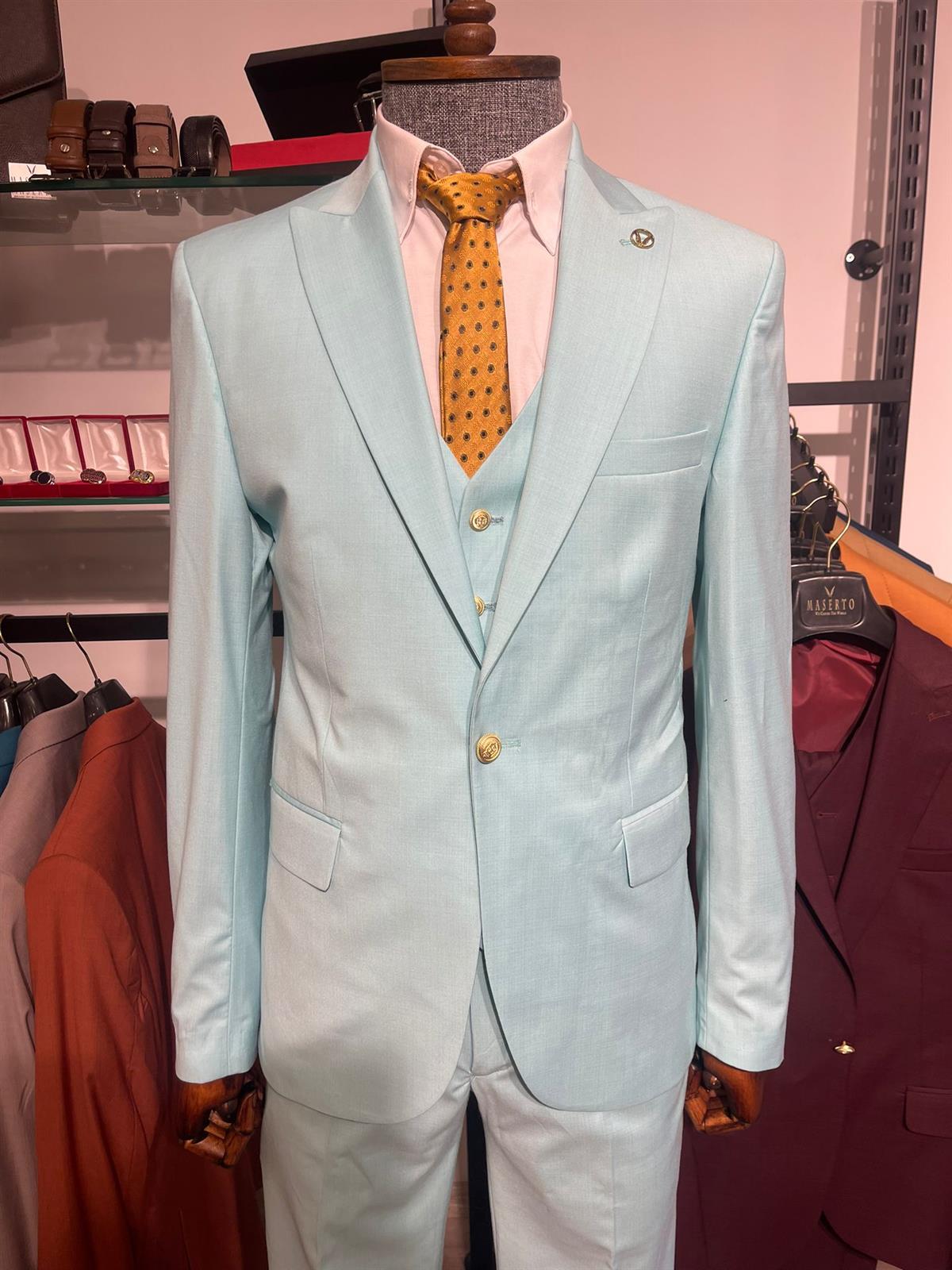 Maserto Slim Fit Açık Mavi Takım Elbise Düz Desenli