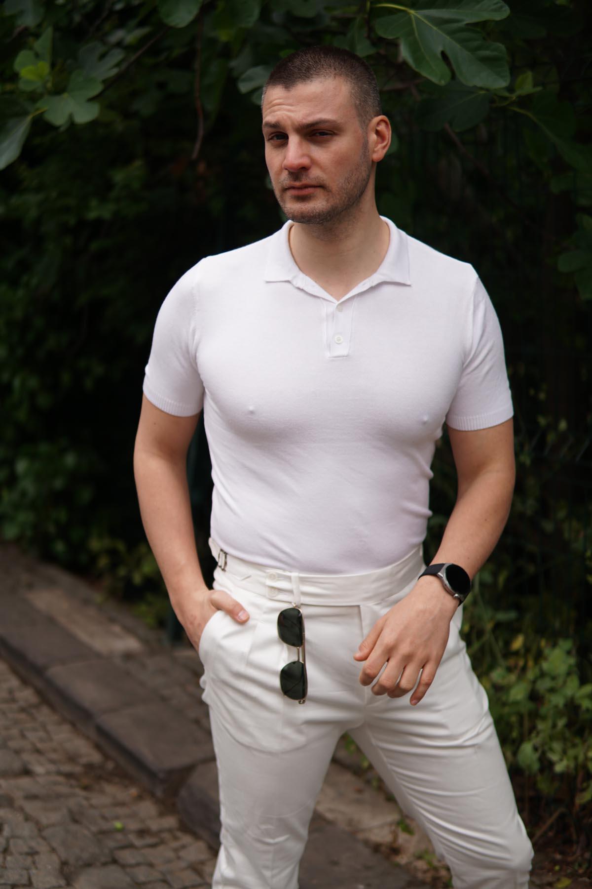 Maserto Slim Fit Beyaz Polo Yaka T-Shirt Örme Desenli